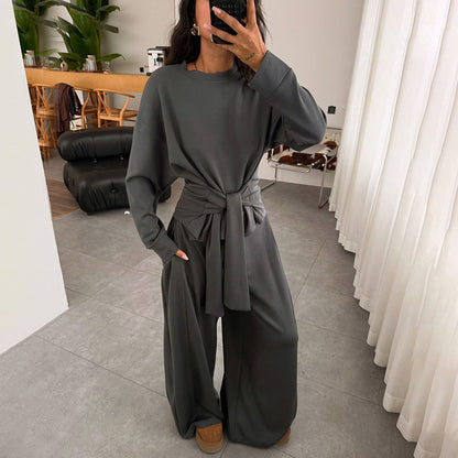 Waist-Tied Ribbon Pants Casual Suit - Comfortable Polyester Lounge Wear