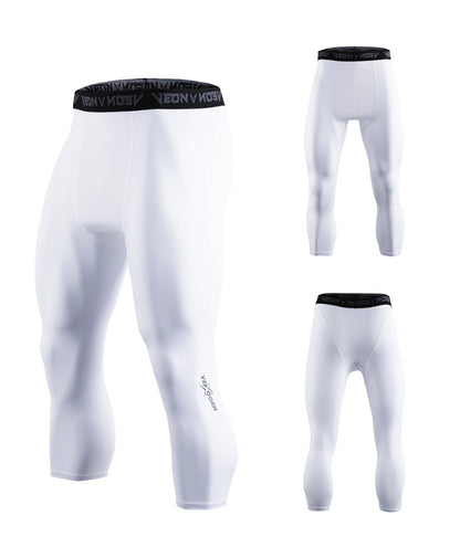 White men's compression three-quarter leggings with black waistband and Veon logo on leg