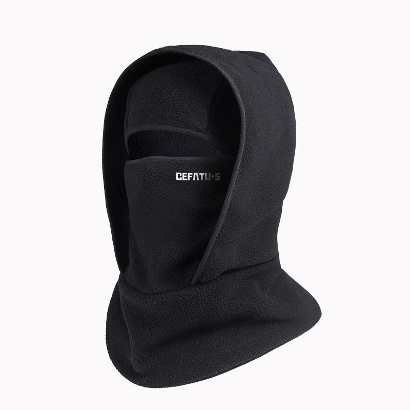 Black fleece balaclava hood with face and neck coverage, branded with CEFATU•S logo