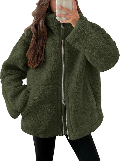 Winter Zip-Up Coat With Pockets - Women's Fleece Jacket, Casual Lapel Style