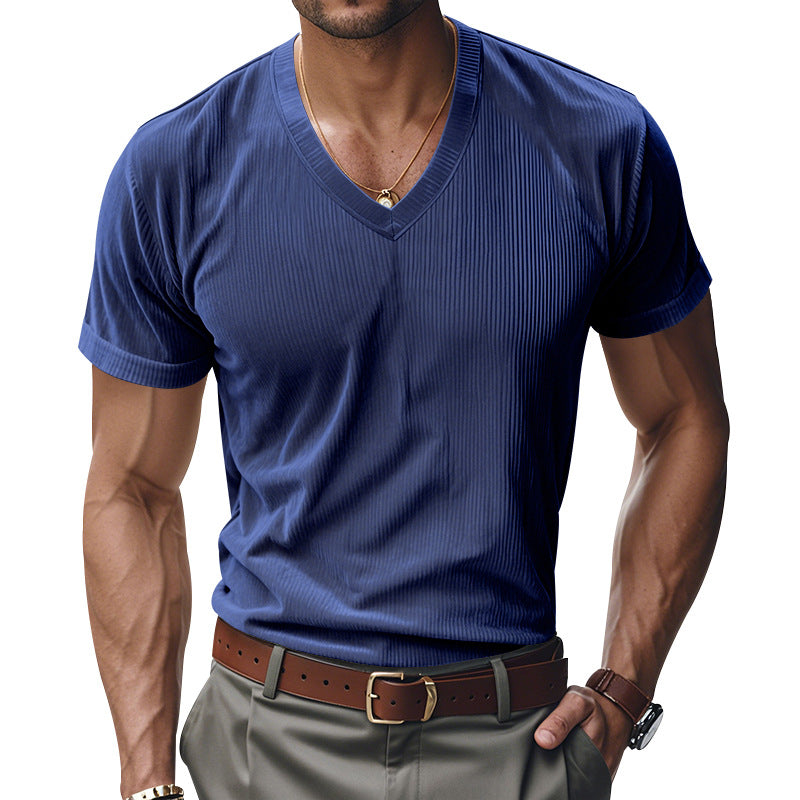 Loose Men's V-Neck Shirt - Casual Polyester Short Sleeve Pullover Tee for Summer