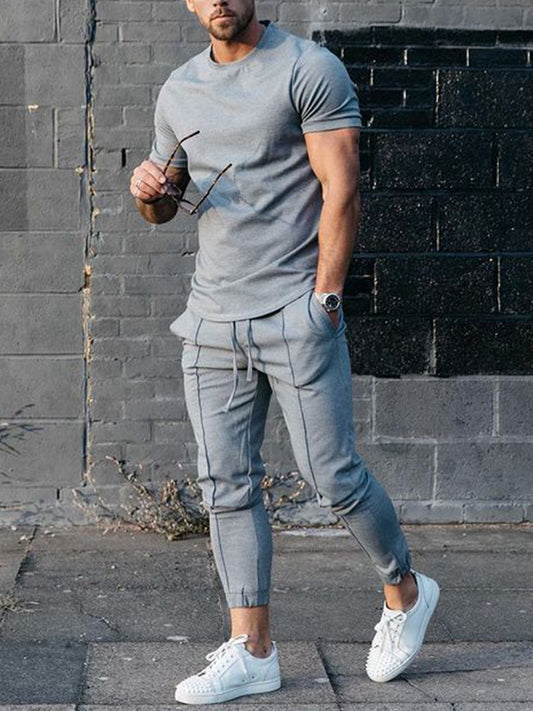 Men's Tracksuit Set – Short Sleeve T-Shirt & Track Pants | Grey Polyester Blend