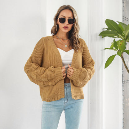 Puff Sleeve Cardigan – Chunky Knitwear Coat With Front Buttons, Oversized Sleeves