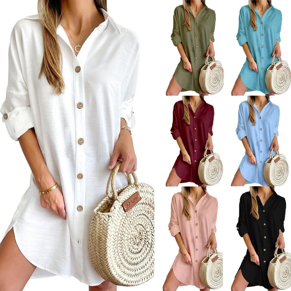Women wearing casual button-down shirt dresses in white, olive, blue, burgundy, pink, and black with woven round handbags