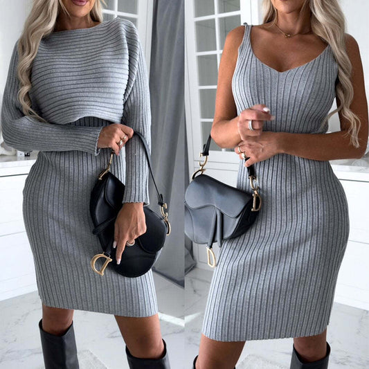Women's 2pcs Suit - Long Sleeve Top & Tight Suspender Skirt | Autumn Winter Outfit