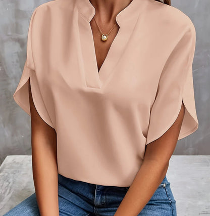 Chiffon Summer Shirt - Women's Casual V-Neck Short Sleeve Blouse, Lightweight Polyester