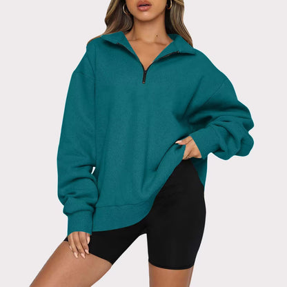 Women Zip Sweatshirt - Loose Pullover With Turndown Collar | Casual Tops