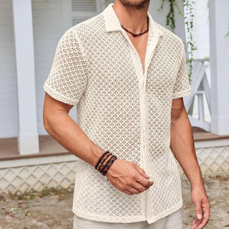 Summer Mesh Shirt - Men's Beachwear Short Sleeve Top With Lapel Collar