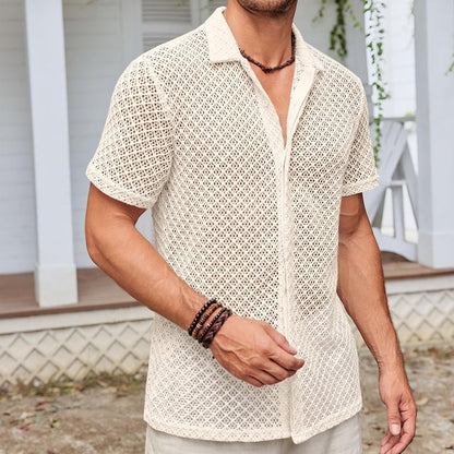 Summer Mesh Shirt - Men's Beachwear Short Sleeve Top With Lapel Collar
