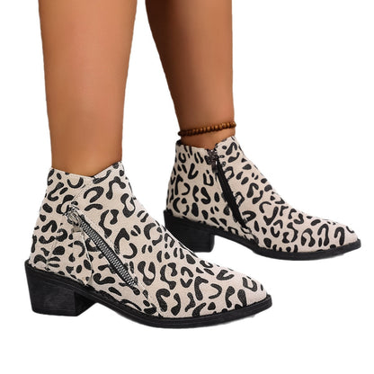 Chunky Heel Ankle Boots – Ladies Pointed Toe Low Cut Booties With Leopard Print
