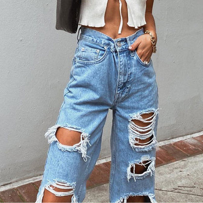 Retro Hole-Punched Jeans | High Waist Wide Leg Pants | Comfortable Casual Denim
