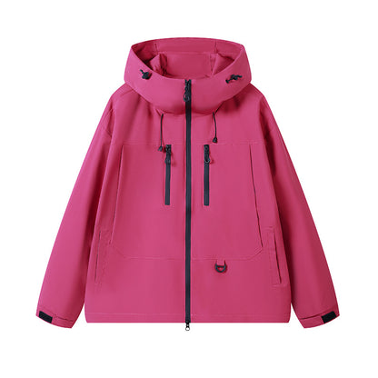 Pink waterproof outdoor jacket with hood, front zipper, and multiple zippered pockets
