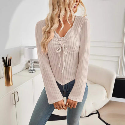 Women's Ruffled Long Sleeve Striped Cropped Top T-Shirt