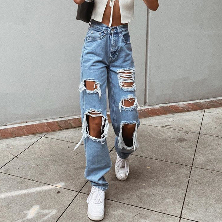 Retro Hole-Punched Jeans | High Waist Wide Leg Pants | Comfortable Casual Denim