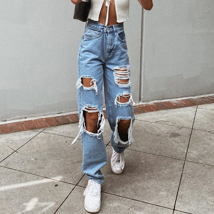 Retro Hole-Punched Jeans | High Waist Wide Leg Pants | Comfortable Casual Denim