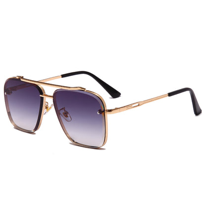 Gold frame square aviator sunglasses with gradient purple lenses and black temple tips