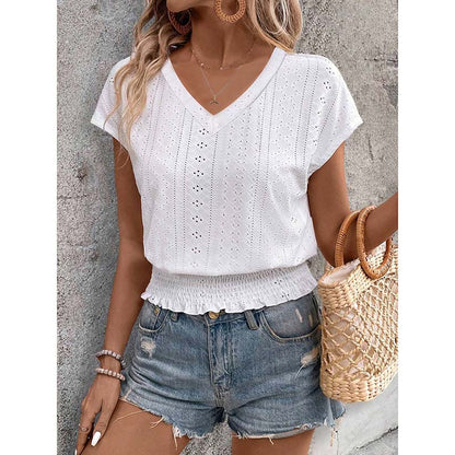 Women Summer Eyelet Top - Casual V Neck Blouse With Smocked Elastic Hem