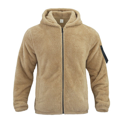 Beige soft fleece zip-up hoodie with long sleeves and black zipper