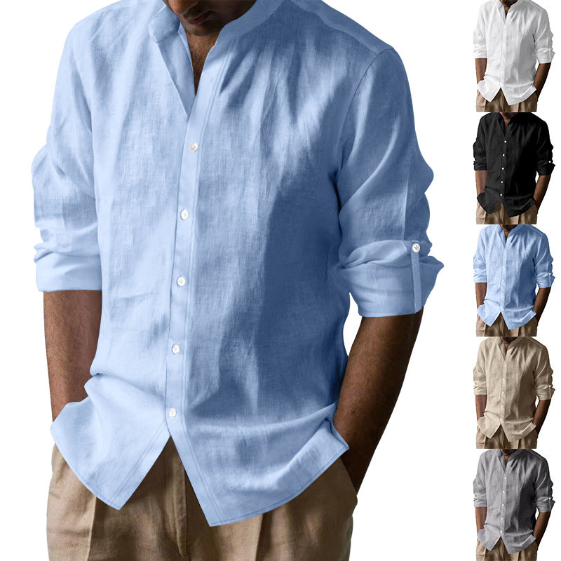 Man wearing light blue linen shirt with rolled-up sleeves and beige pants, with color variations shown