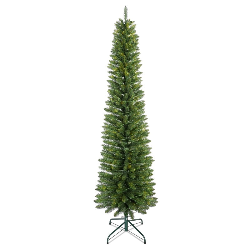 Slim artificial Christmas tree with green metal stand on white background