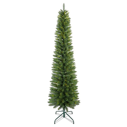 Slim artificial Christmas tree with green metal stand on white background