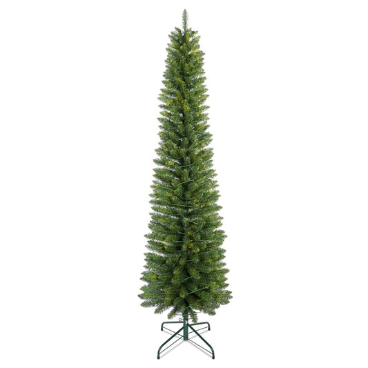 Slim artificial Christmas tree with green metal stand on white background