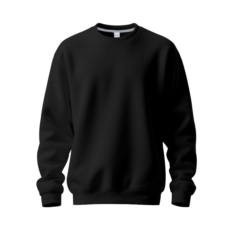 Black crewneck sweatshirt with long sleeves and ribbed cuffs and hem