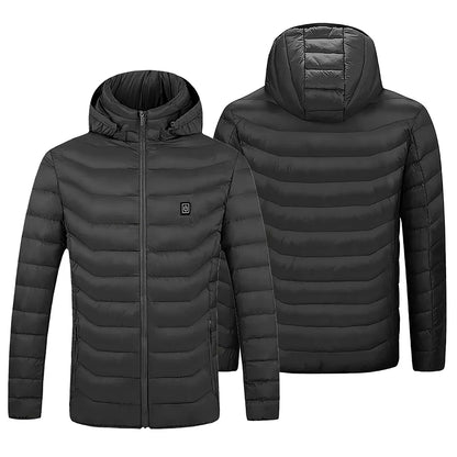 Black puffer jacket with hood, front zipper, and side pockets, shown front and back views