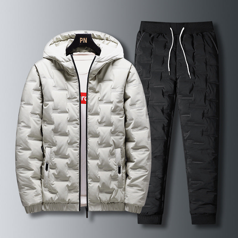 Men's Down Jacket - Autumn Winter Suit Set With Hooded Padded Coat And Pants