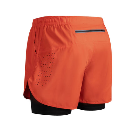 Orange men's running shorts with black inner compression layer and zip pocket on back