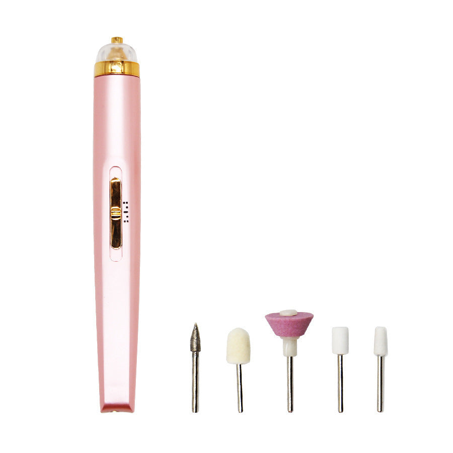 Pink electric nail drill machine with five interchangeable bits for manicures and pedicures