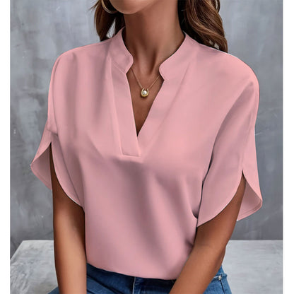 Chiffon Summer Shirt - Women's Casual V-Neck Short Sleeve Blouse, Lightweight Polyester