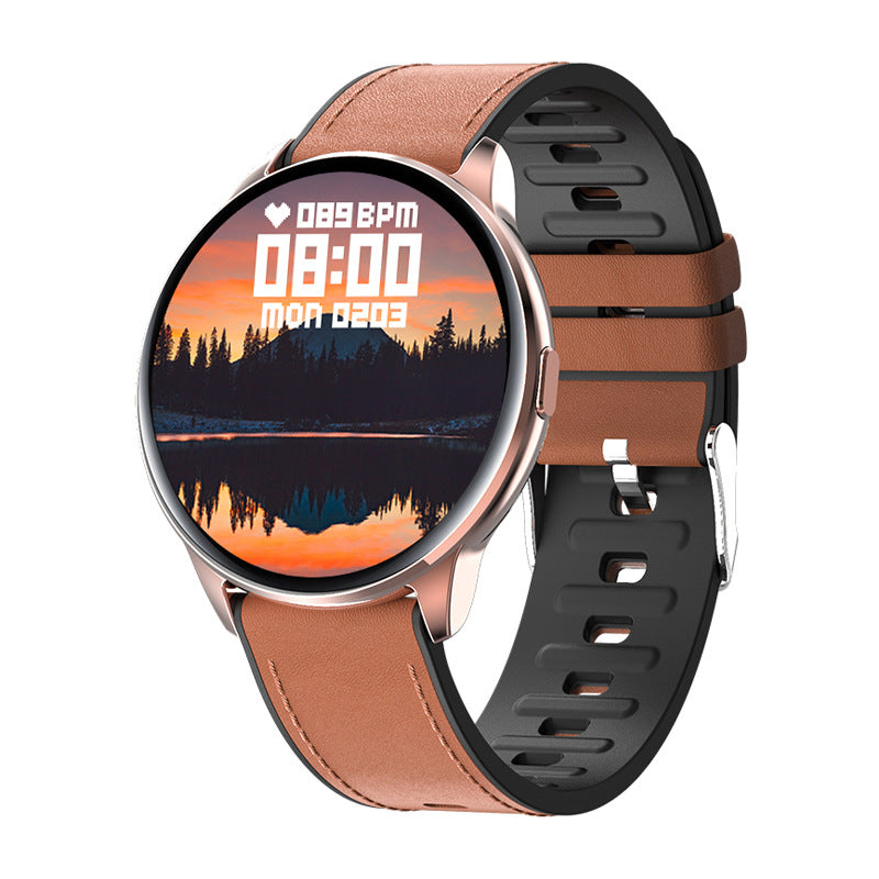 Smartwatch with brown leather and black strap, round screen showing sunset landscape and heart rate