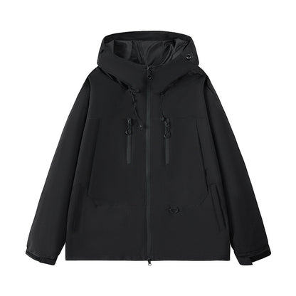 Black hooded waterproof jacket with front zip and multiple zippered pockets