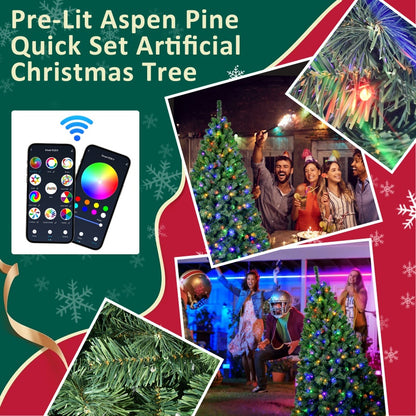 Pre-lit Aspen Pine artificial Christmas tree with colorful lights, smart app control, and festive celebrations