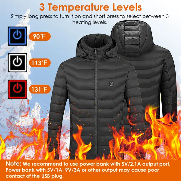 Black heated jacket with hood showing 3 temperature levels 90°F, 113°F, 131°F with flames and winter background