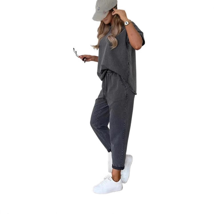 Casual Cropped Pants Set - Women's Two Piece Outfit With Pocket Detail