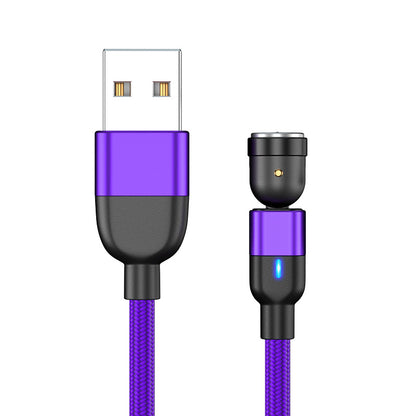 Purple braided USB charging cable with USB-A and magnetic connector featuring LED indicator