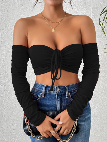 Slimming Waist Vest - Night Club Drawstring Long Sleeve Top In Milk Silk