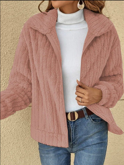 Fleece Cropped Jacket – Women's Warm Winter Coat With Lapel Collar