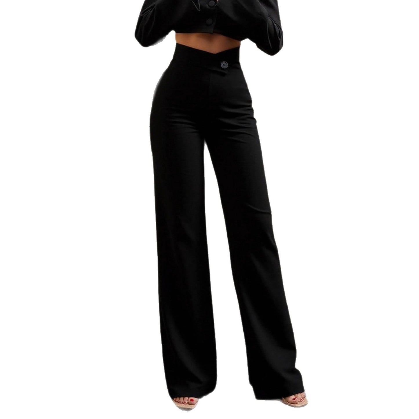 High Waist Straight Pants - Women's Casual Black Polyester Trousers