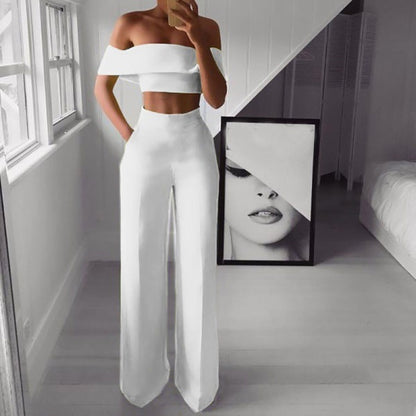 Women's Pantsuit Set – Cropped Top Outfit & Wide-Leg Pants | Green Polyester Fiber Clothes