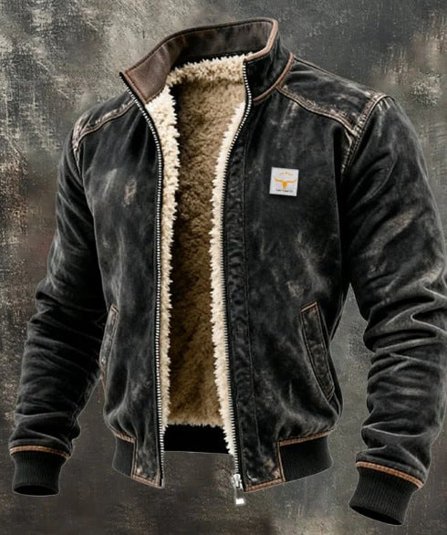 Black distressed leather bomber jacket with shearling lining, zip front, and ribbed cuffs