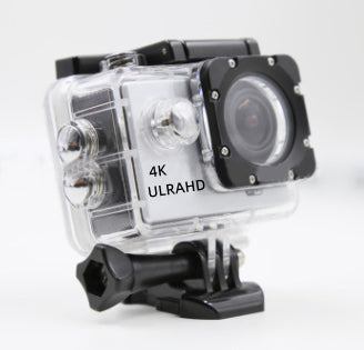 Compact 4K ULRAHD action camera in transparent waterproof case with mounting bracket