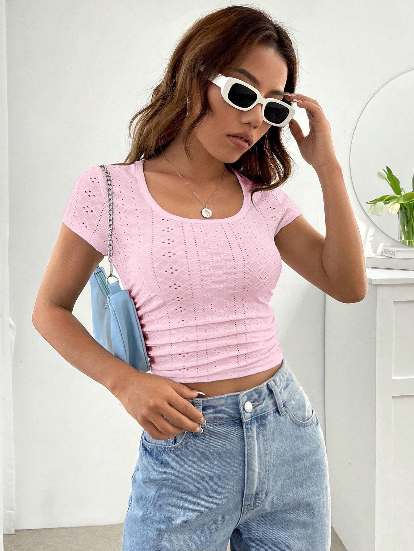 Slim Fit T-Shirt - Women's Round Neck Tee With Eyelet Detail, Short Sleeve