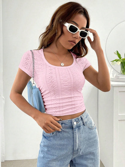 Slim Fit T-Shirt - Women's Round Neck Tee With Eyelet Detail, Short Sleeve