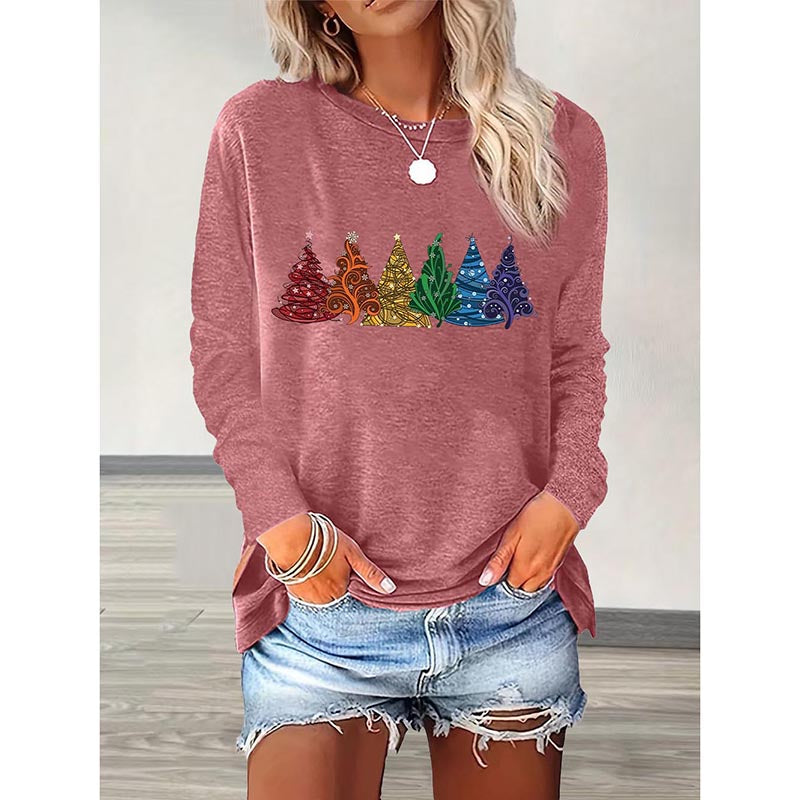 Christmas Shirts Women - Cute Christmas Tree Long Sleeve Holiday Party Tops