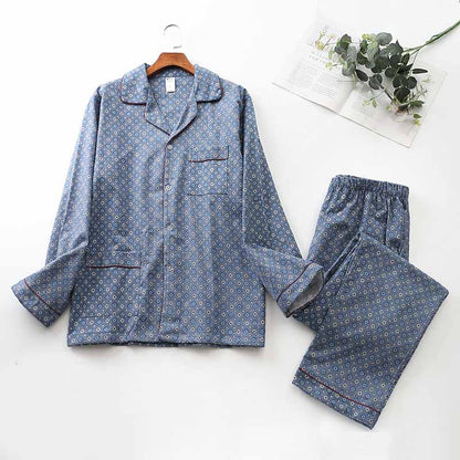 Long Sleeve Pajama Set - Men's Cotton Sleepwear With Lapel Collar & Blue Pattern