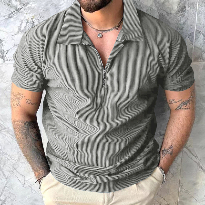 Men's Zipper Polo Shirt - Short Sleeve Solid Color Polyester Casual Top