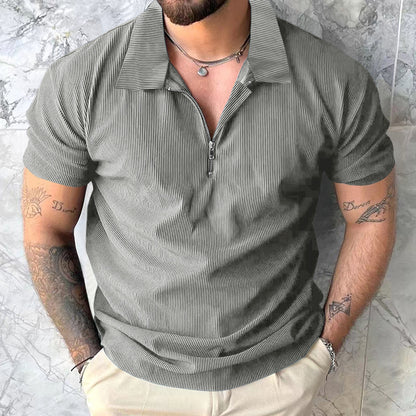 Men's Zipper Polo Shirt - Short Sleeve Solid Color Polyester Casual Top